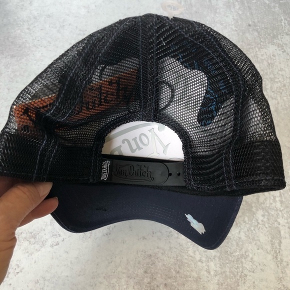 Von Dutch Trucker Hat Navy Blue Black Embroidered Logo Patch Mesh Snapback - Picture 2 of 8